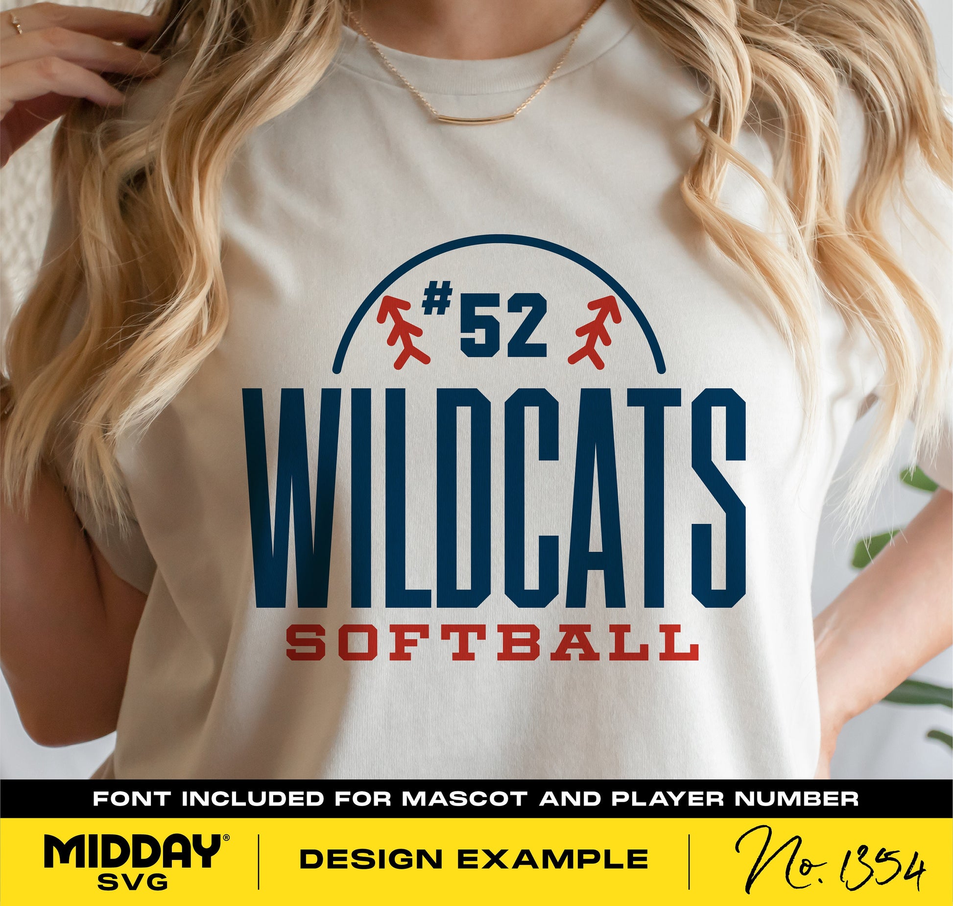 Person wearing a Wildcats Softball team shirt with logo and player number 52, design example by Midday SVG.