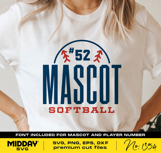 White t-shirt with custom softball team mascot design in blue and red, including font for player number. Ideal for DIY SVG projects.