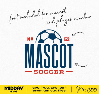 Soccer team template with mascot logo in SVG, PNG, EPS, DXF formats. Includes font for team mascot and player number customization.