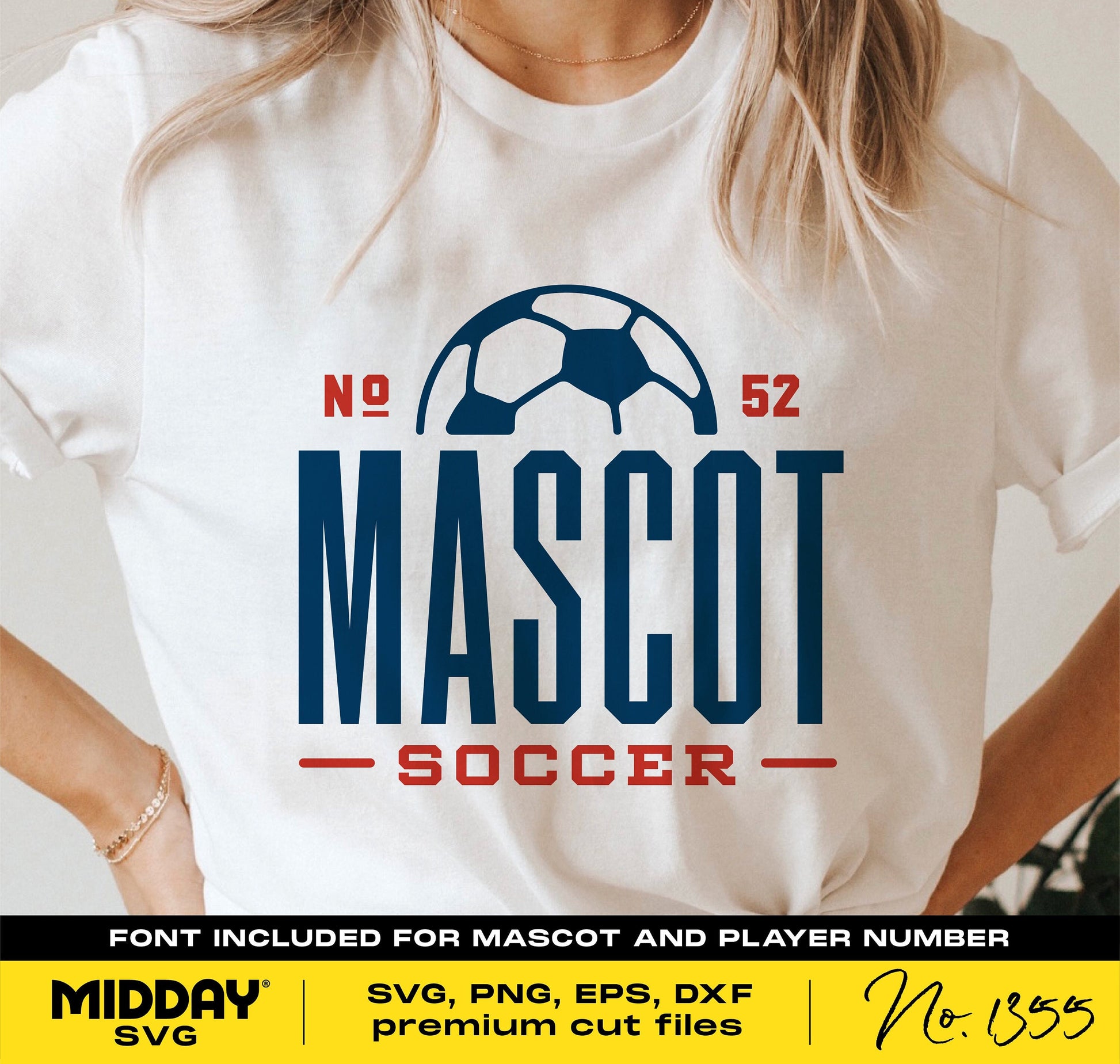 White t-shirt with Mascot Soccer design featuring soccer ball graphic, No. 52, available in SVG, PNG, EPS, DXF formats.