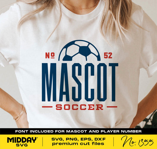 White t-shirt with Mascot Soccer design featuring soccer ball graphic, No. 52, available in SVG, PNG, EPS, DXF formats.