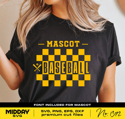 Checkered baseball shirt with "Mascot" text, perfect for baseball team designs in SVG format, includes font for customization.