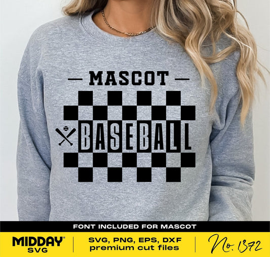 Checkered baseball shirt with the word 'Mascot' and bat design, featuring SVG, PNG, EPS, DXF formats by Midday SVG.