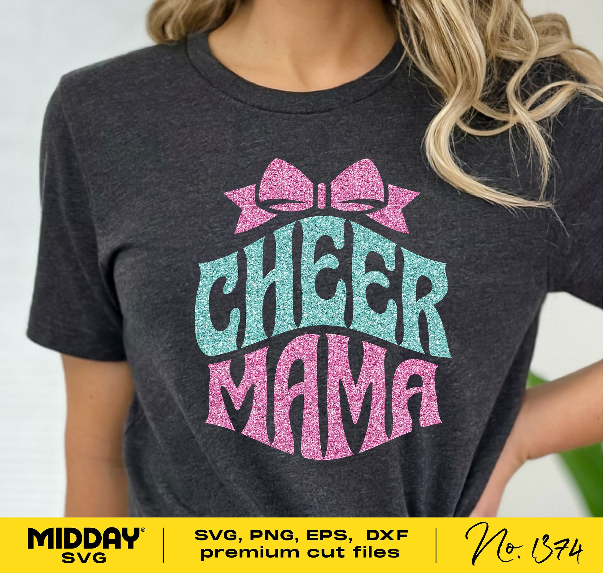 Cheer Mama shirt design with pink and teal glitter text, suitable for Cricut and Silhouette crafting projects.
