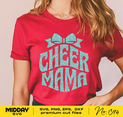 Red Cheer Mama shirt design with glitter mockup, featuring SVG, PNG, EPS, DXF cut files for Cricut and Silhouette. Design No.1374.