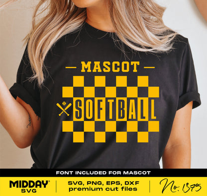 Checkered softball shirt design template featuring mascot and editable font, ideal for DIY team shirts, SVG and PNG files included.