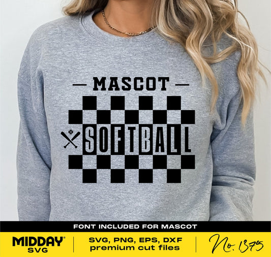 Woman wearing a gray sweatshirt with checkered softball design and 'Mascot Softball' text. DIY file includes SVG, PNG for team shirts.