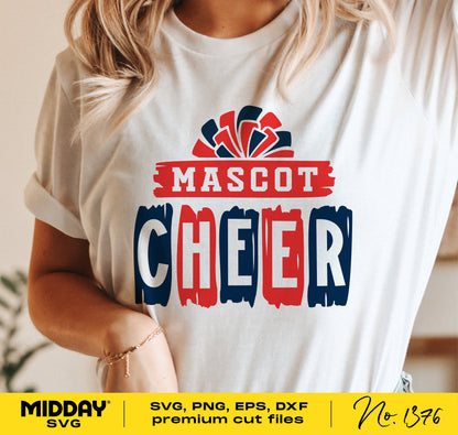 Cheer shirt design featuring 'Mascot Cheer' with pom pom graphic, available in SVG, PNG, EPS, DXF for Cricut and Silhouette.