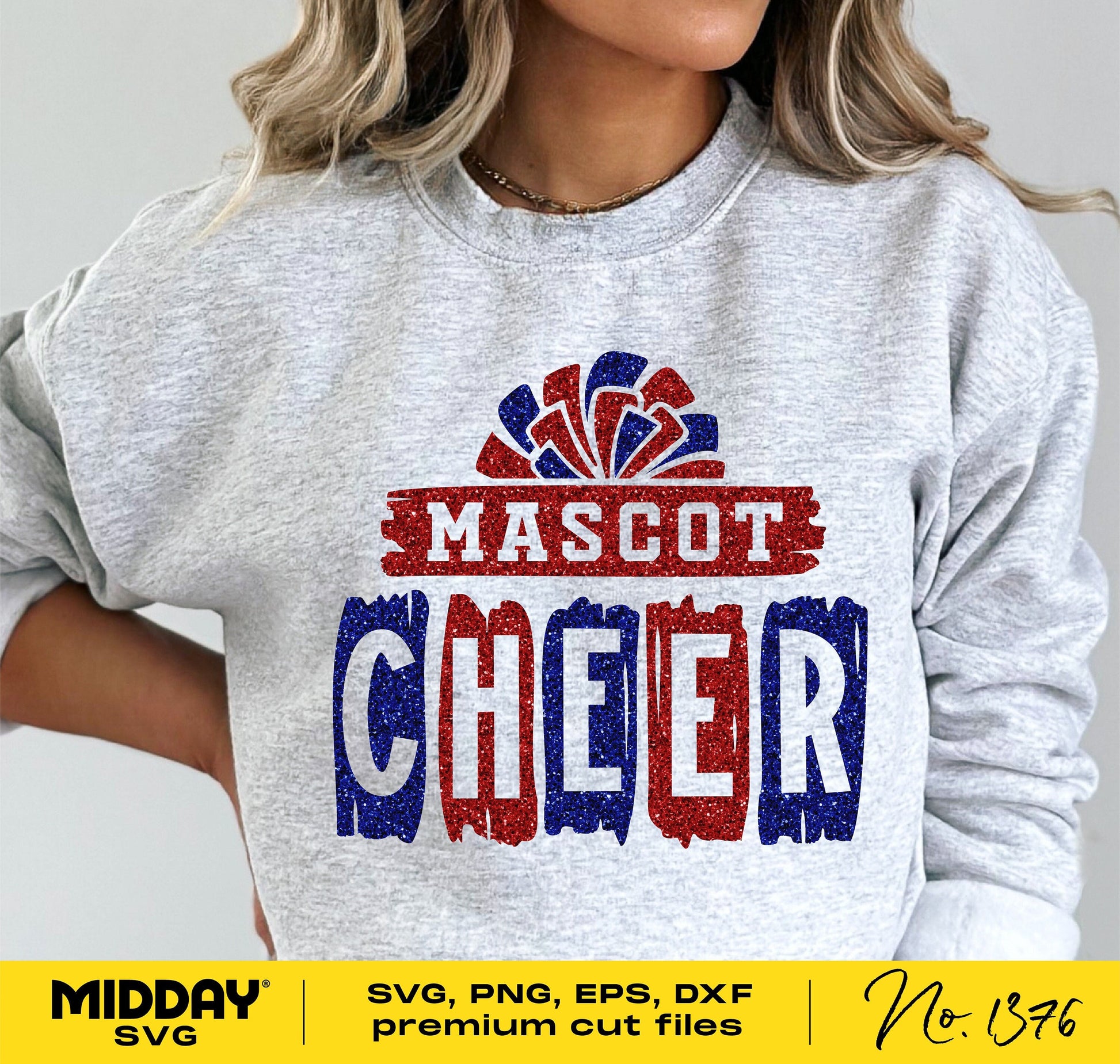 Woman wearing a gray cheerleading shirt with 'Mascot Cheer' design in red, white, and blue letters, available in SVG, PNG, EPS, DXF formats.