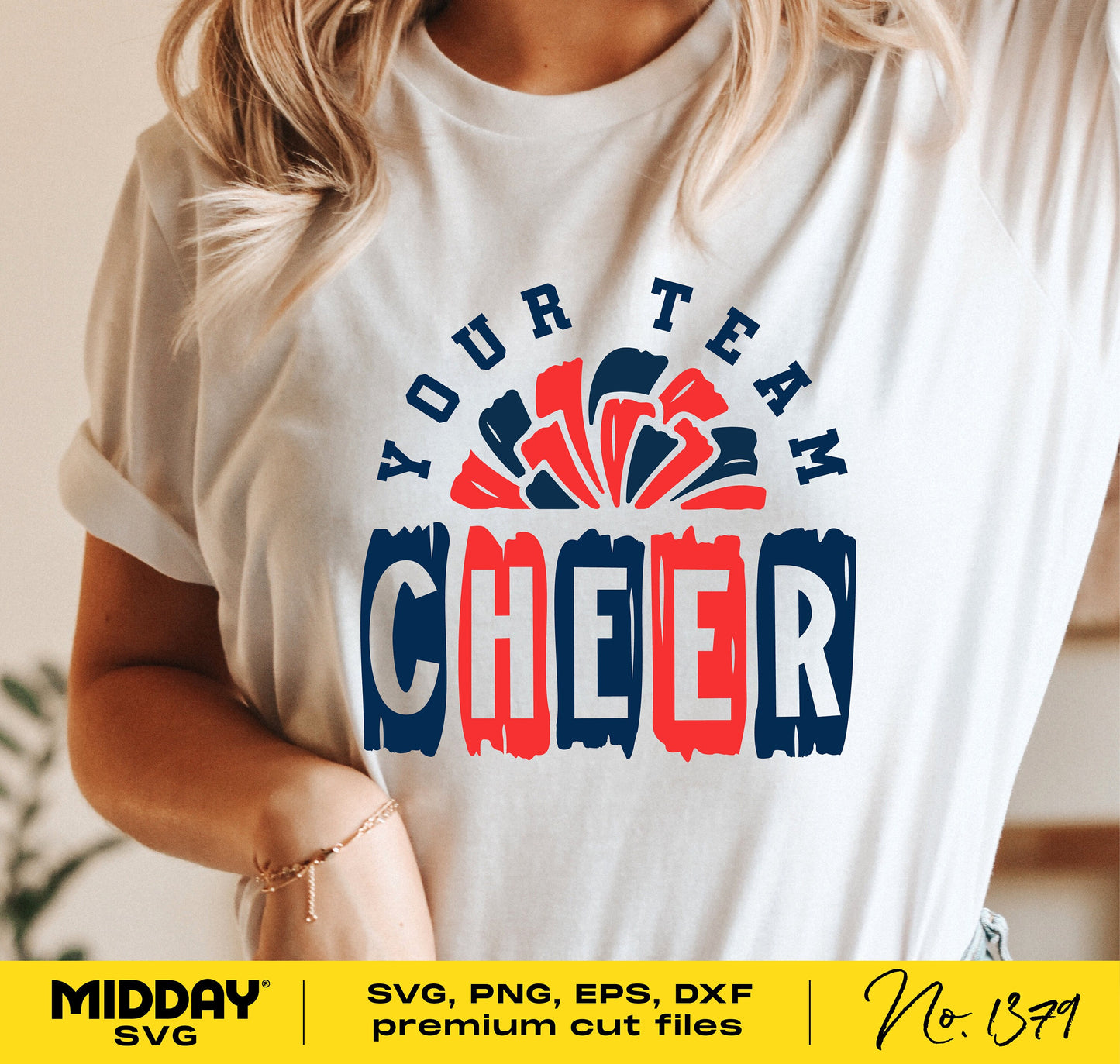 T-shirt with Cheer SVG design in red and blue, ideal for cheerleaders, cheer moms, and coaches, compatible with Cricut and Silhouette.