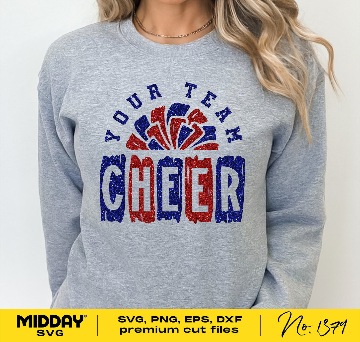 Gray sweatshirt with a colorful "Your Team Cheer" design, featuring pom pom graphics, suitable for cheerleaders, moms, and coaches. SVG format.