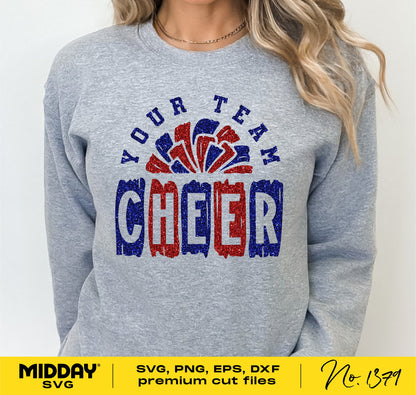 Gray sweatshirt with a colorful "Your Team Cheer" design, featuring pom pom graphics, suitable for cheerleaders, moms, and coaches. SVG format.