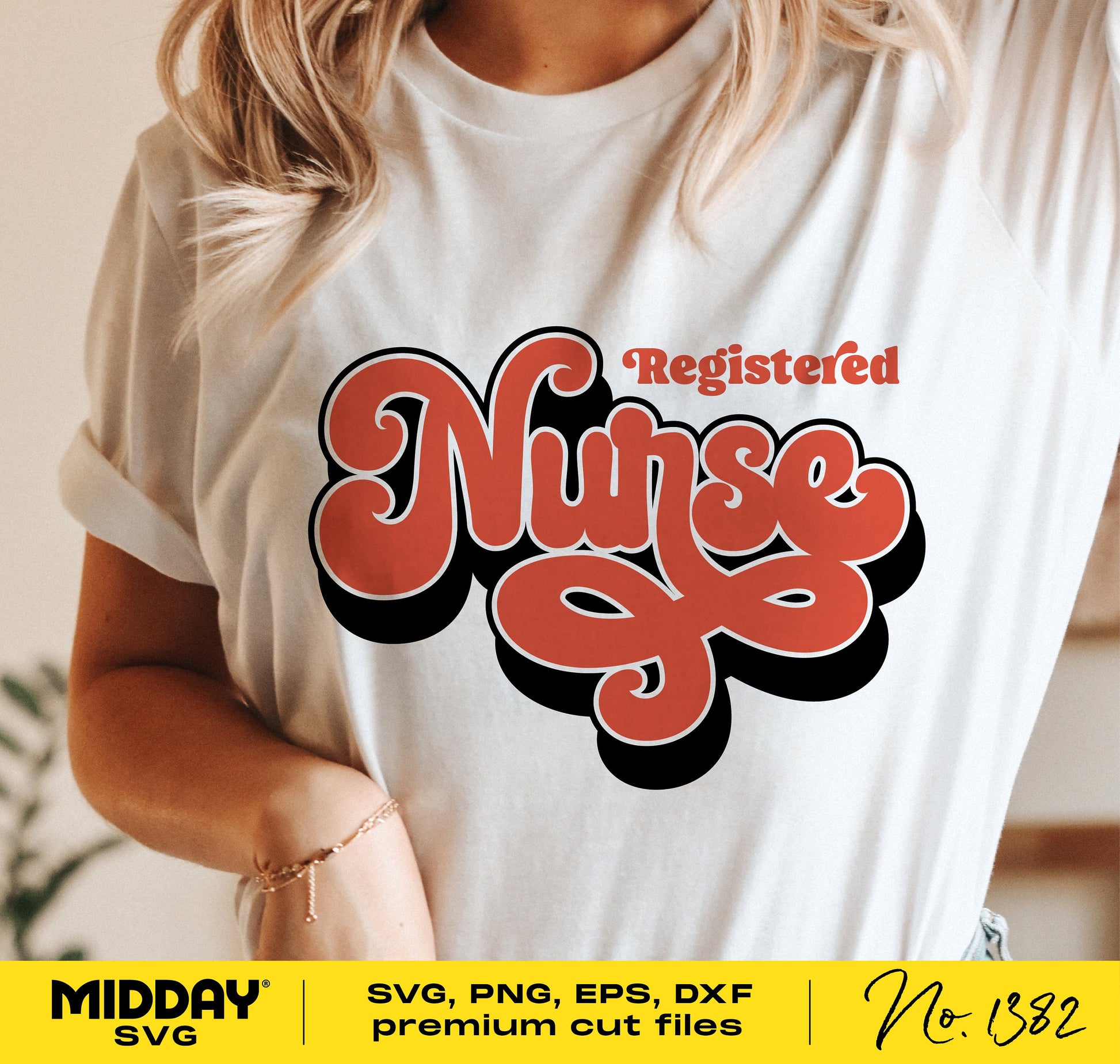 Woman wearing a shirt with Registered Nurse word art design, available as SVG, PNG, EPS, DXF cut files for Cricut and Silhouette.