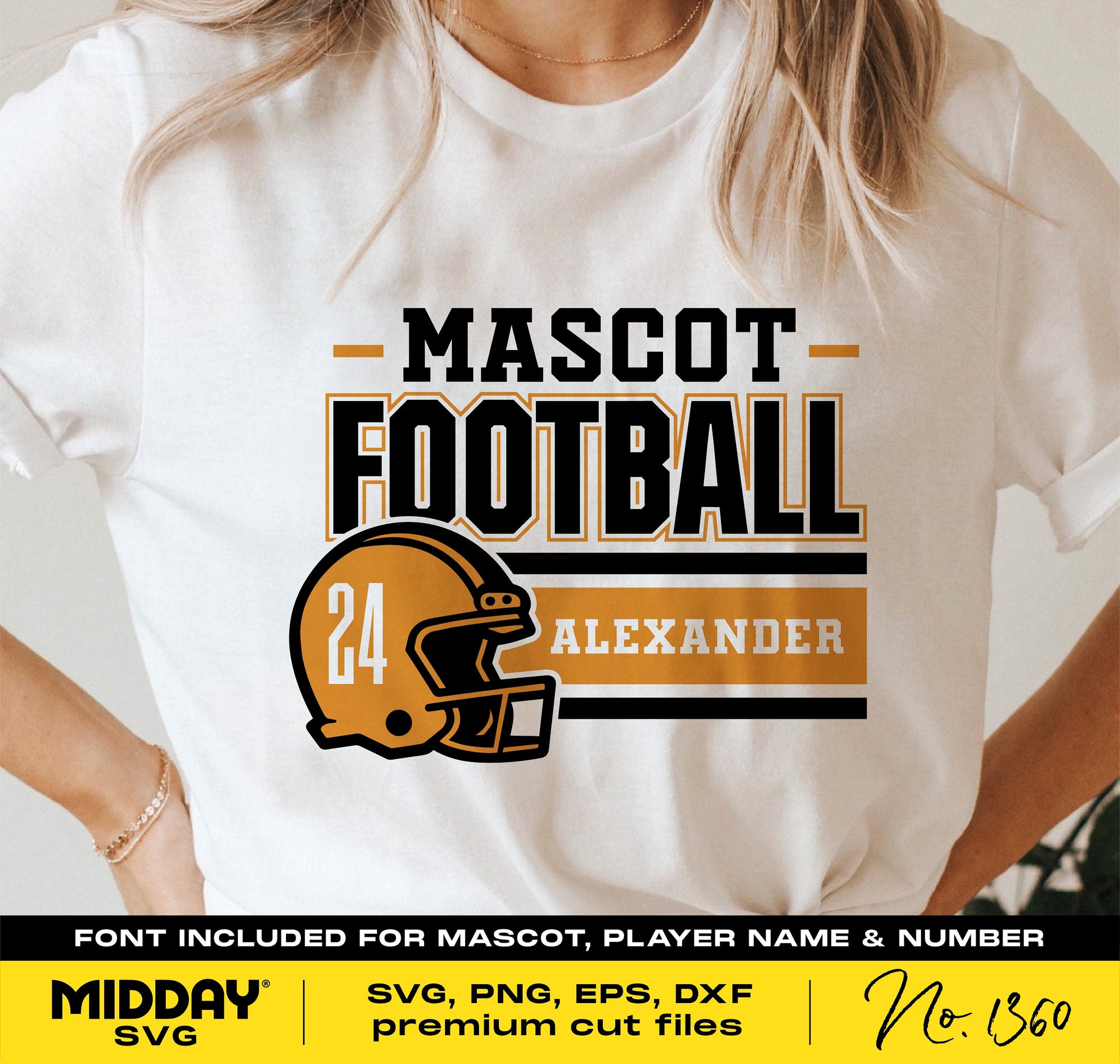 Football team shirt with customizable helmet, player name, and number design, includes SVG, PNG, DXF, and EPS formats.