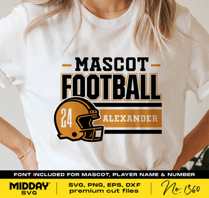 Football team shirt with customizable helmet, player name, and number design, includes SVG, PNG, DXF, and EPS formats.
