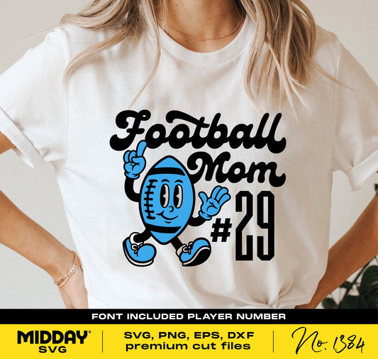 Football Mom shirt design with cartoon mascot and player number 29, SVG cut files for Cricut and more.