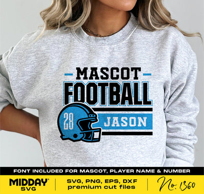 Woman wearing Football Team Template sweatshirt with custom player name and number, available in SVG, PNG, DXF, EPS for Cricut.