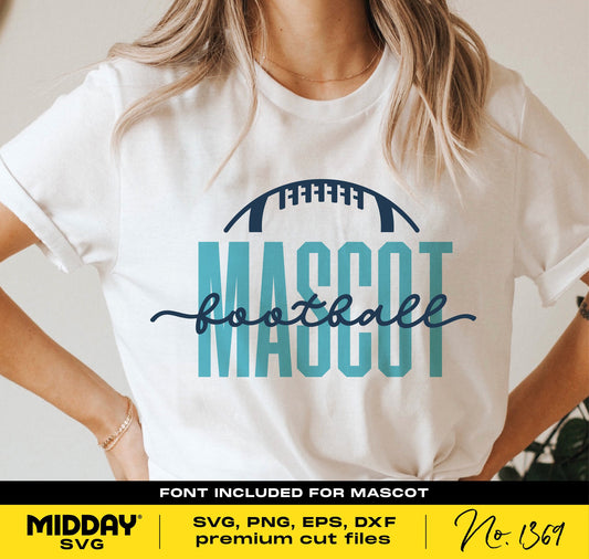 Person wearing a white shirt featuring a football design with the word 'MASCTOT' in bold letters. Football SVG files for Cricut included.