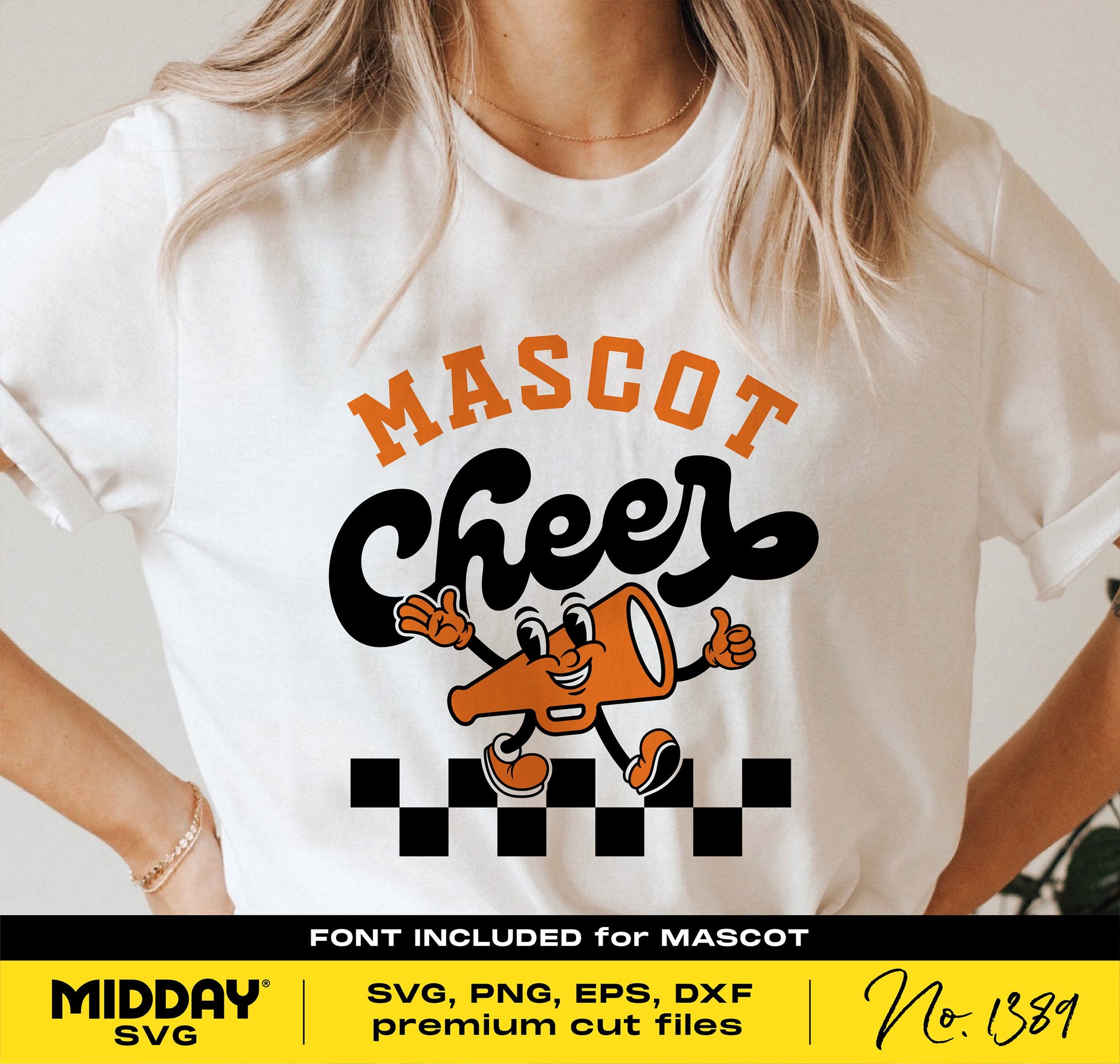 White t-shirt with 'Mascot Cheer' design featuring a megaphone mascot, suitable for Cricut and Silhouette projects.