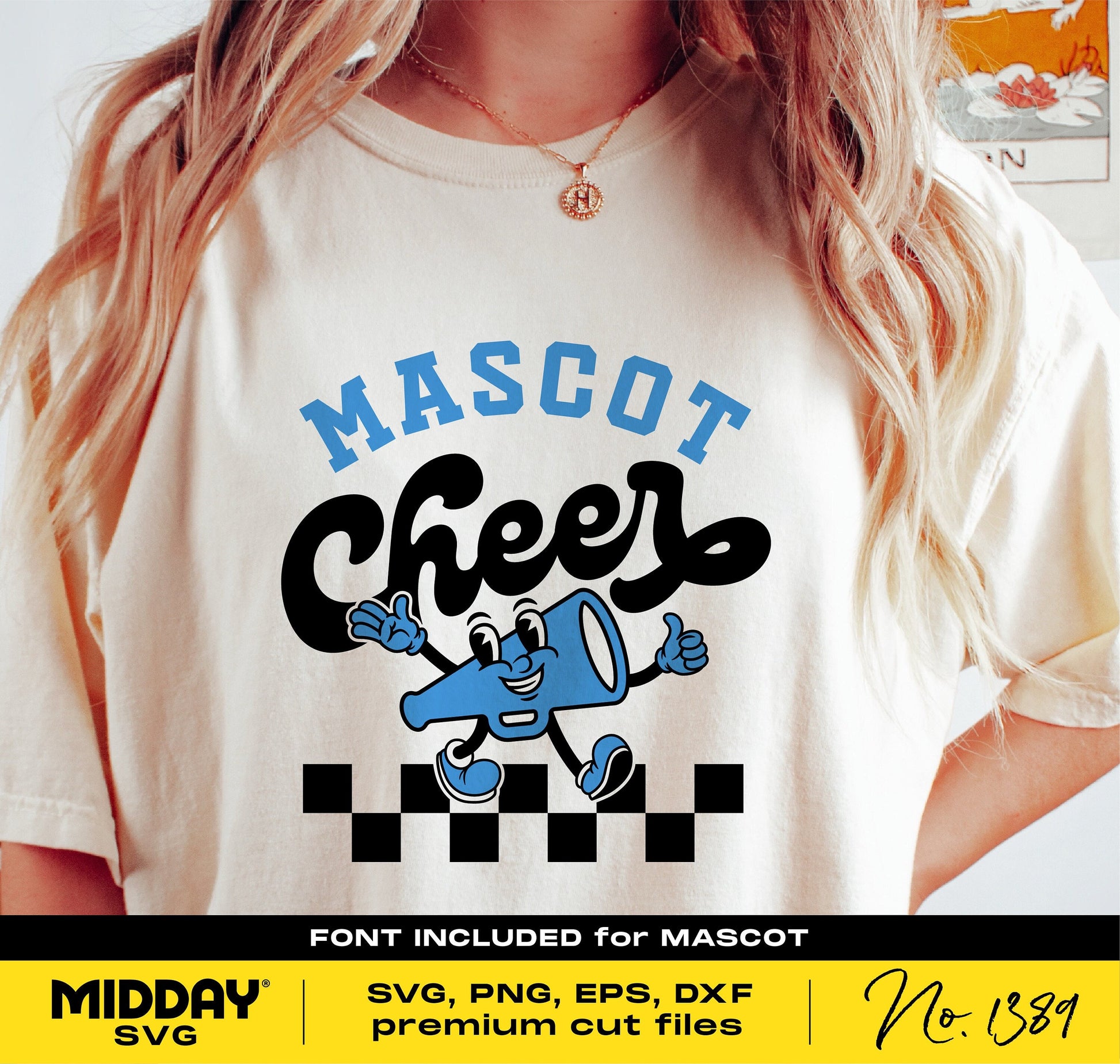Cheerleading shirt featuring mascot design with cheer cone, available in SVG, PNG, DXF, EPS formats for Cricut and Silhouette.