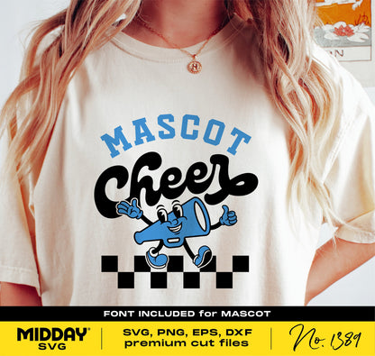 Cheerleading shirt featuring mascot design with cheer cone, available in SVG, PNG, DXF, EPS formats for Cricut and Silhouette.