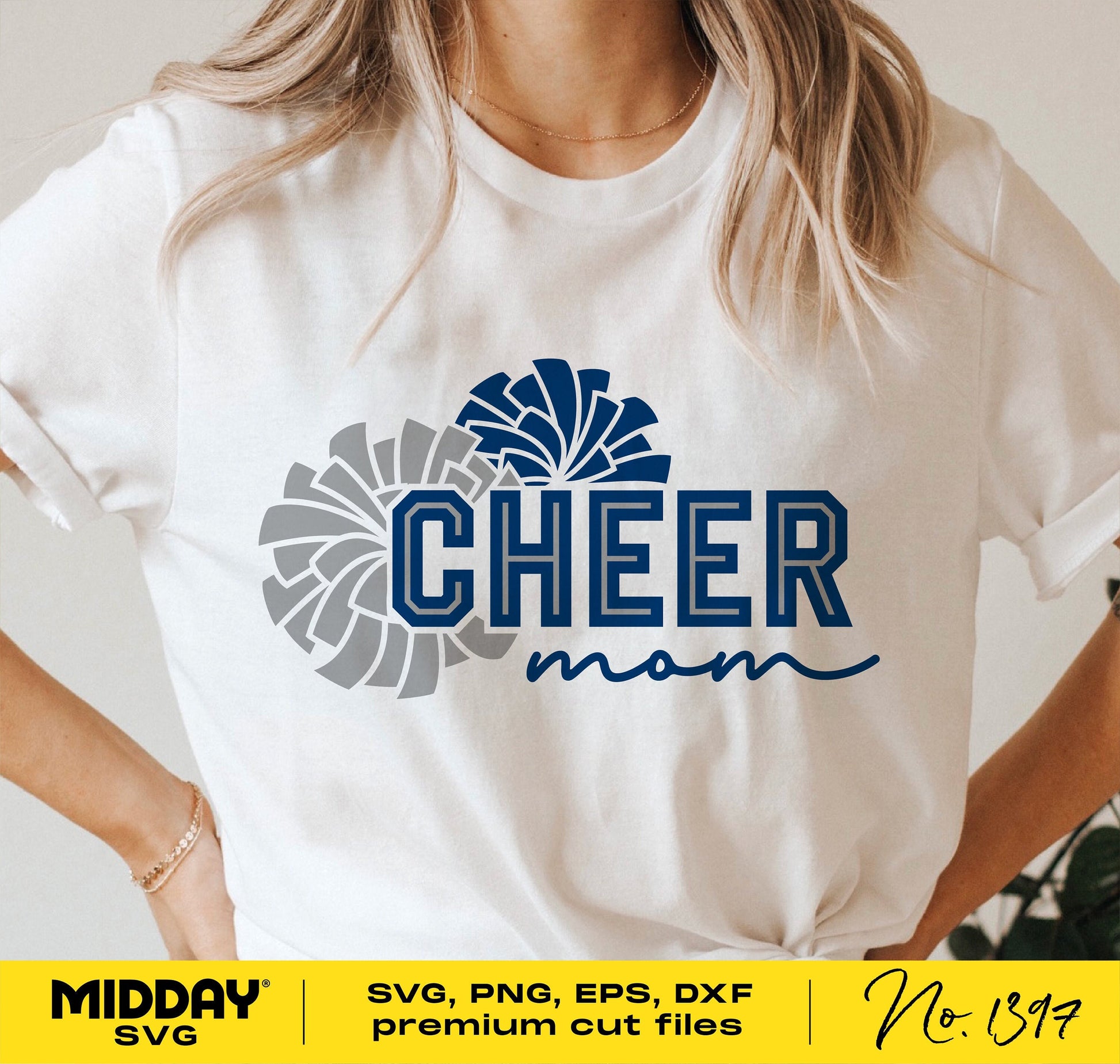Woman wearing a t-shirt with 'Cheer Mom' text and pom pom design, featuring SVG, PNG, EPS, DXF premium cut files, ideal for Cricut and Silhouette.