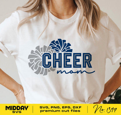 Woman wearing a t-shirt with 'Cheer Mom' text and pom pom design, featuring SVG, PNG, EPS, DXF premium cut files, ideal for Cricut and Silhouette.