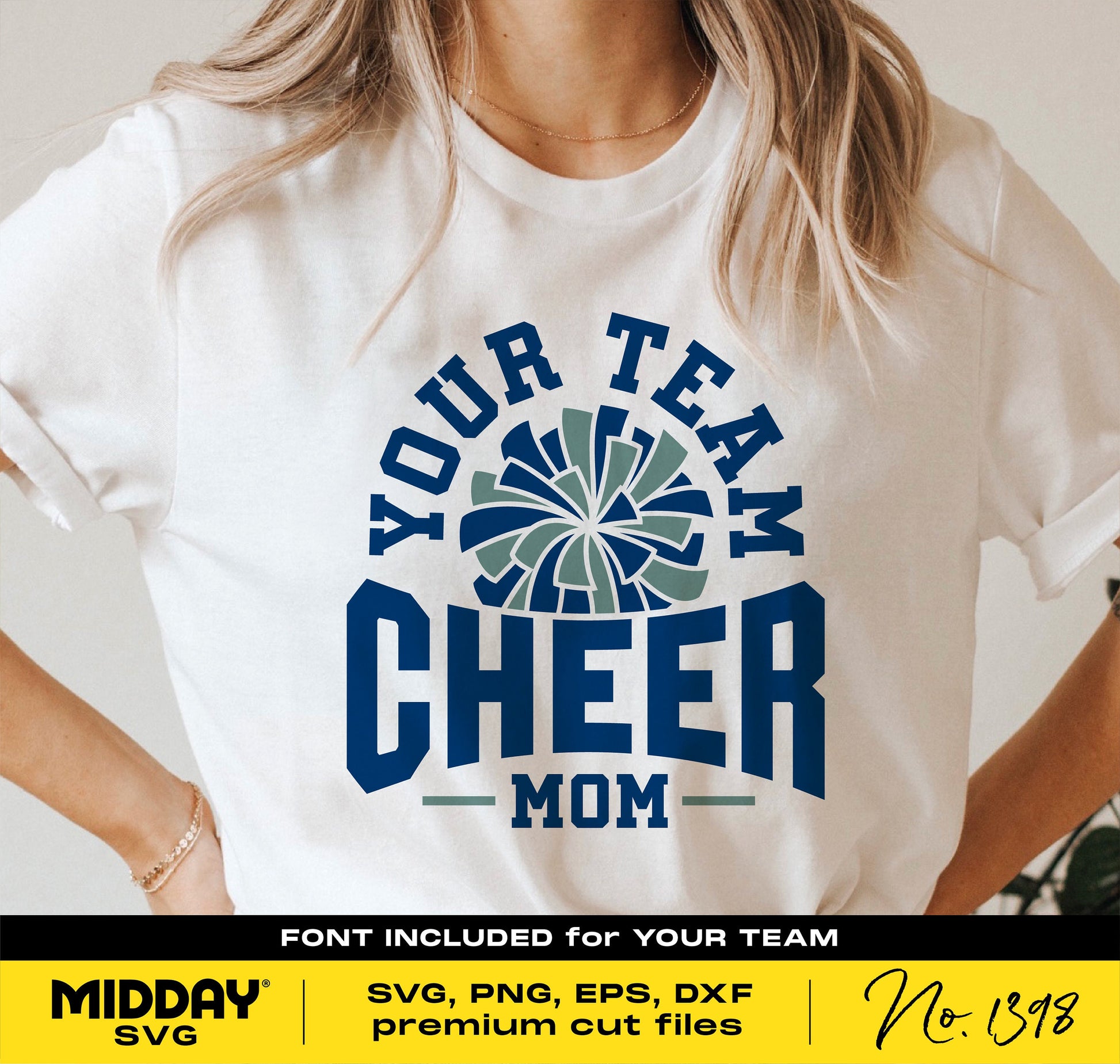 White t-shirt with "Your Team Cheer Mom" design and pom-pom graphic, suitable for Cricut and Silhouette projects.