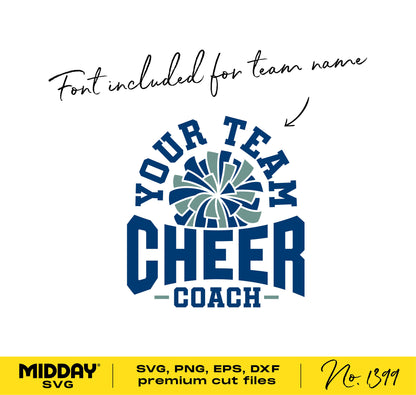 Cheer Coach SVG design with pom poms and font for team name, includes cut files for Cricut and Silhouette.