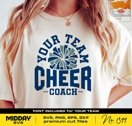 Cheer Coach shirt with 'Your Team Cheer' design, available as SVG, PNG, EPS, DXF files for Cricut and Silhouette DIY projects.