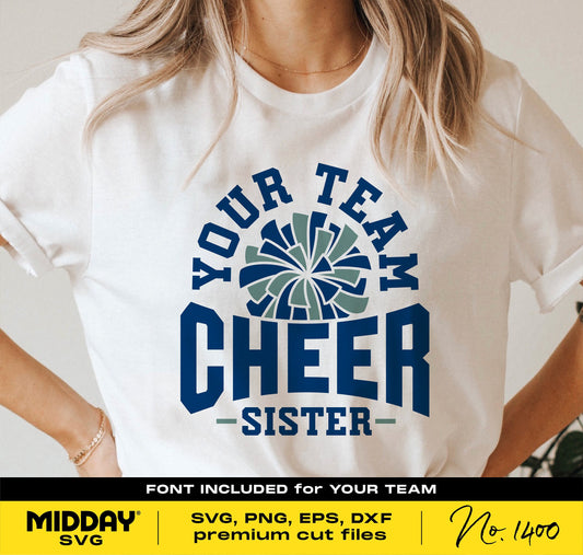 White "Your Team Cheer Sister" t-shirt with pom-pom graphic, designed for Cricut, sublimation, and team apparel, font included.