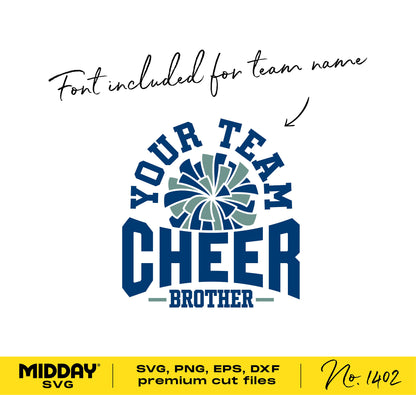 Cheer Brother SVG with pom pom design, customizable team name font, suitable for Cricut and Silhouette cut files.