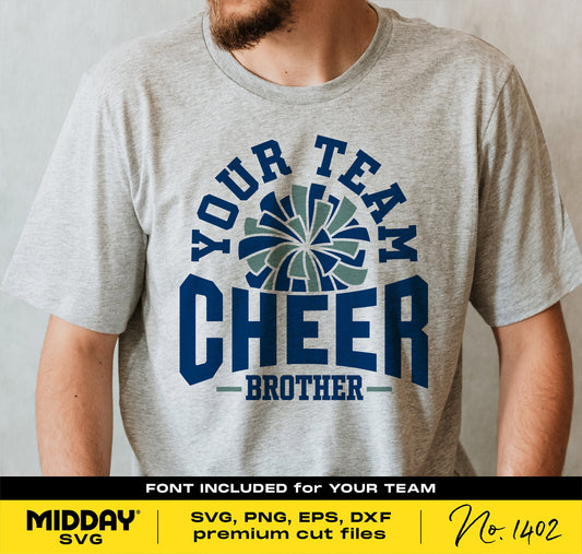 Grey t-shirt with 'Your Team Cheer Brother' design including pom-pom graphic, suitable for Cricut and Silhouette cut files.