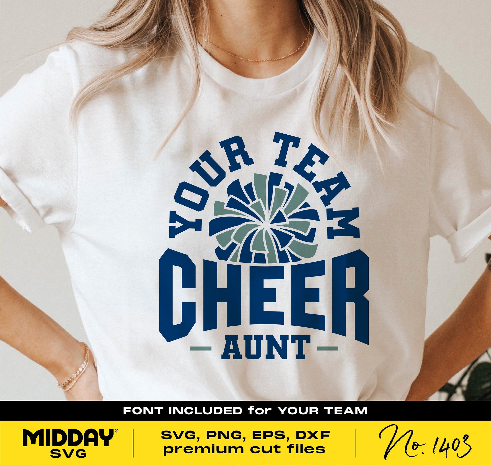 Cheer Auntie shirt with blue pom-pom design, perfect for cheerleading fans. Available as SVG, PNG, DXF, EPS for Cricut and Silhouette.