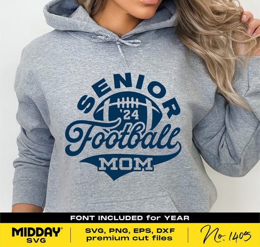 Senior Football Mom design on hoodie, includes SVG, PNG, EPS, DXF files for Cricut and Silhouette. Perfect for Class of 2024 moms.