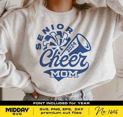 Senior Cheer Mom 2024 sweatshirt featuring cheer megaphone design, perfect for Cricut and Silhouette projects, SVG PNG DXF EPS included.