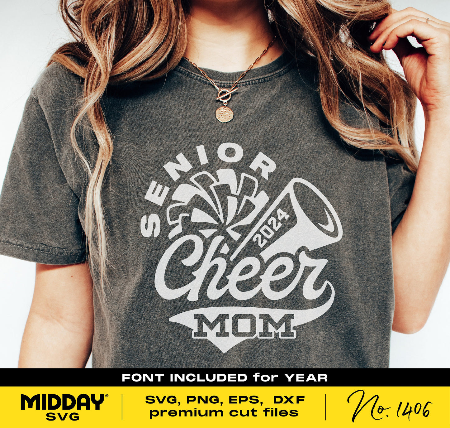 Woman wearing Senior Cheer Mom 2024 shirt, graphic design for Cricut and Silhouette including SVG and PNG formats.