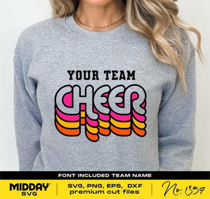 Gray sweatshirt with 'Your Team Cheer' retro design in pink and orange, suitable for cheerleader shirts and sublimation projects.