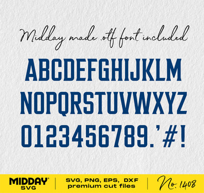 Midday SVG premium cut files with uppercase letters, numbers, and symbols in bold font style. Includes .svg, .png, .eps, .dxf formats.