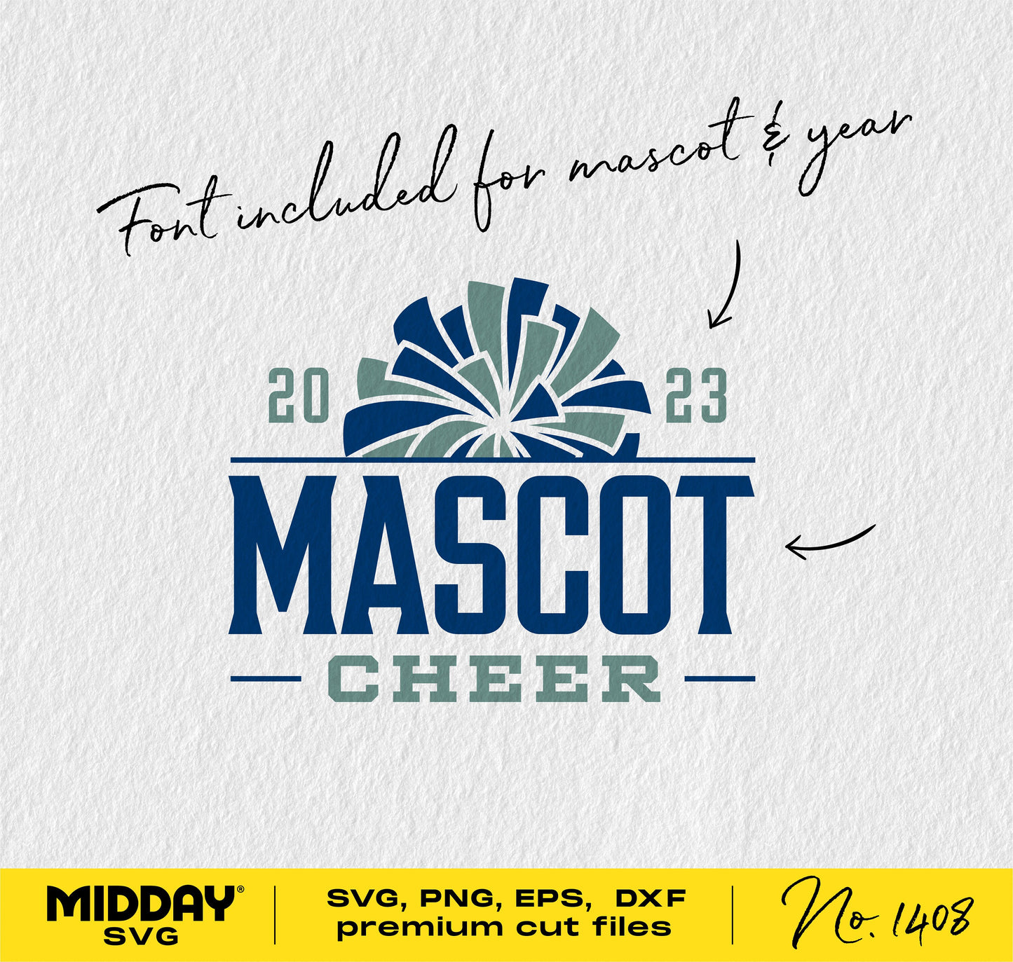 Mascot cheer logo in blue and green with 2023 year and included font, available in SVG, PNG, EPS, DXF formats by Midday SVG.
