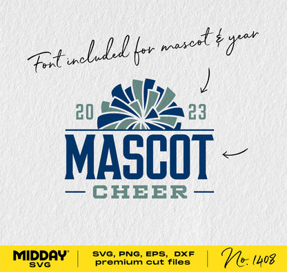 Mascot cheer logo in blue and green with 2023 year and included font, available in SVG, PNG, EPS, DXF formats by Midday SVG.