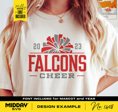 Woman wearing a t-shirt with Falcons Cheer 2023 design, featuring customizable font and mascot. Ideal for cheerleading teams.