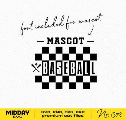 Checkered black and white baseball SVG template with included font and "Mascot Baseball" design by Midday SVG.
