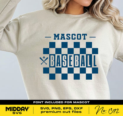 Checkered baseball shirt template with "Mascot Baseball" design in blue, includes SVG, PNG, EPS, DXF files and font. DIY team shirt design.
