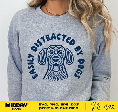 Easily Distracted by Dogs SVG design on a gray sweatshirt, ideal for Cricut and sublimation projects; download includes SVG, PNG, EPS formats.