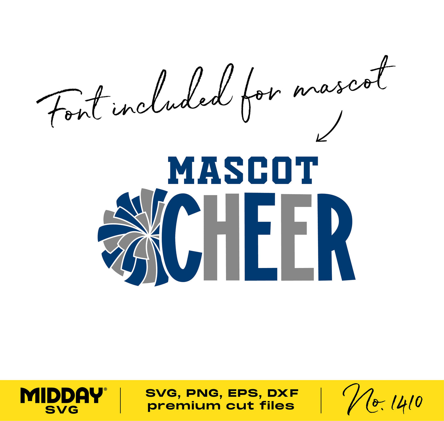 Cheerleading team template with pom pom design, featuring text 'Mascot Cheer' and font included for customization. Ideal for Cricut, sublimation.