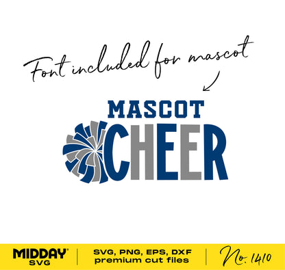 Cheerleading team template with pom pom design, featuring text 'Mascot Cheer' and font included for customization. Ideal for Cricut, sublimation.