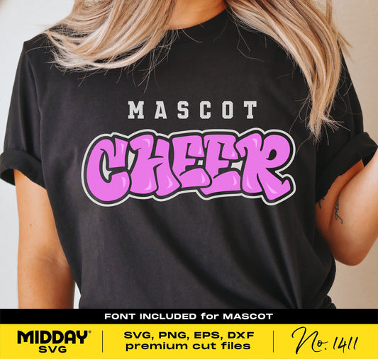 Black shirt with pink graffiti-style 'CHEER' design and text 'MASCOT'. Ideal for cheer team shirts, compatible with Cricut and sublimation.