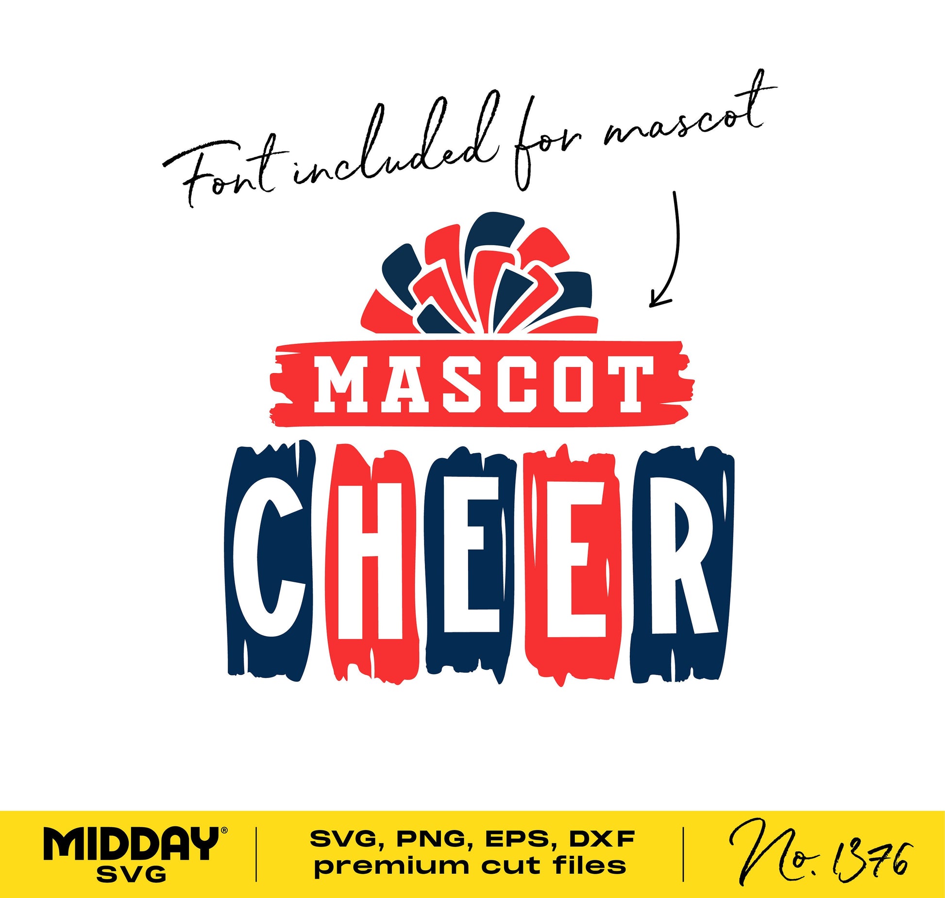 Cheer mascot font SVG design in red and blue with pom pom graphic, suitable for Cricut and Silhouette cheerleading shirts.
