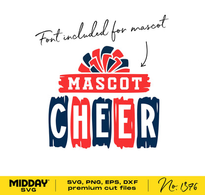 Cheer mascot font SVG design in red and blue with pom pom graphic, suitable for Cricut and Silhouette cheerleading shirts.